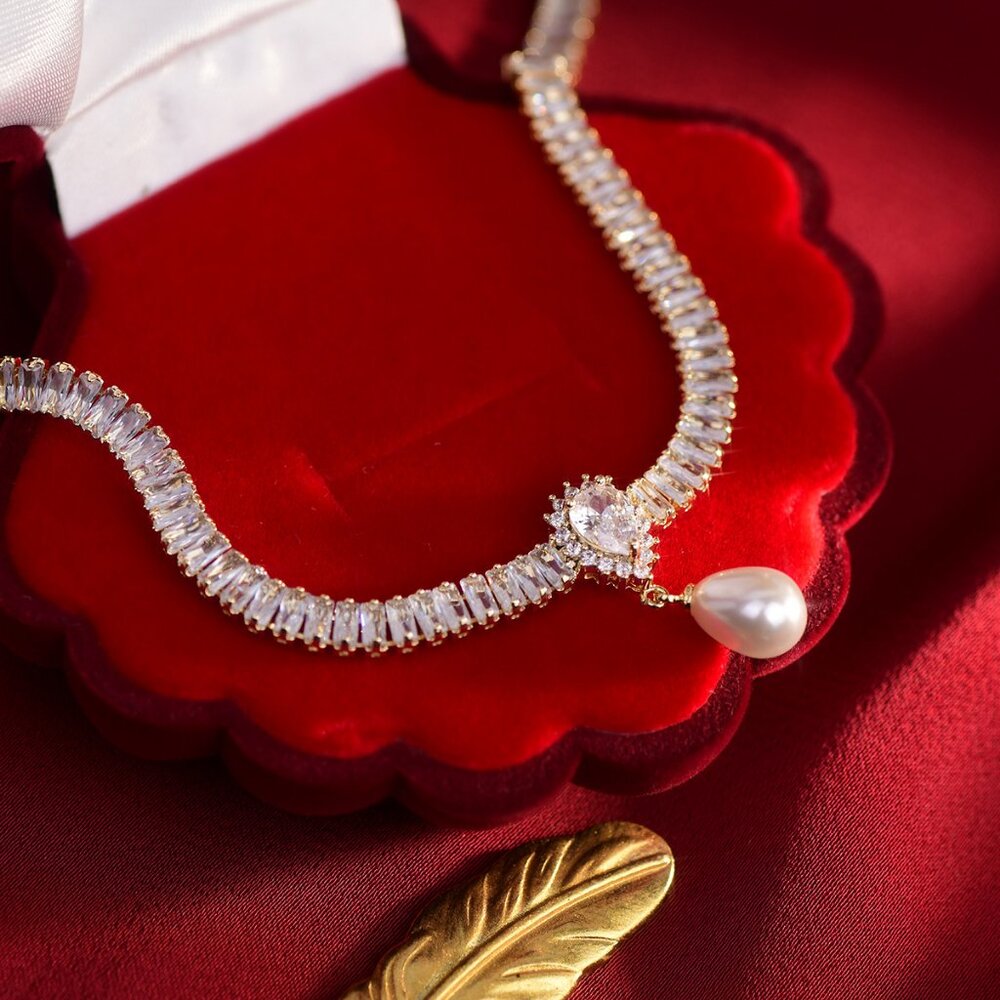 NEW 14K Gold Plated Baguette Diamond Pearl Drop Necklace - Picture 3 of 12